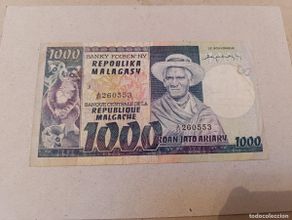 International Banknotes: Billete Madagascar, 1000 francs, serie A, año1974